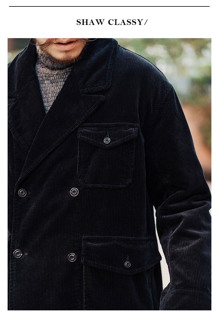 Retro Corduroy Double-Breasted Peak-Lapel Blazer – Loose 70s-Style Vintage Coat