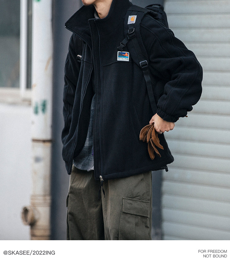 25 Winter Fleece Cardigan Cotton Jacket Men's Trendy Loose Couple Sweatshirt Men's BF Style Stand Collar Casual Top Coat