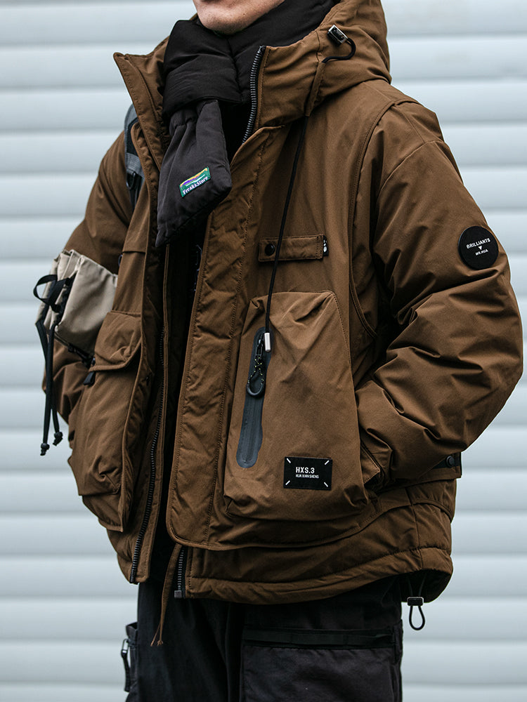 Winter Workwear Hooded Down Jacket Men's Trendy Loose Outdoor Multi-Pocket Functional 90% White Duck Down Warm Coat Trendy