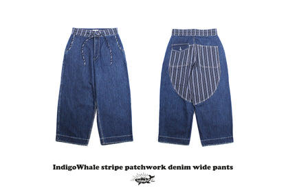 IndigoWhale Bamboo Denim Wide-Leg Patchwork Jeans – Heavy Wash, Drawstring Nine-Point Design
