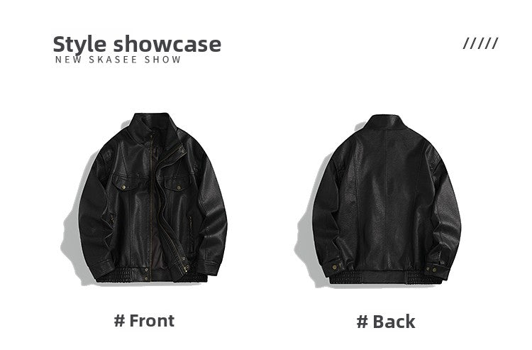 Men's American Retro Leather Jacket - Lychee Grain Stand Collar Motorcycle Coat