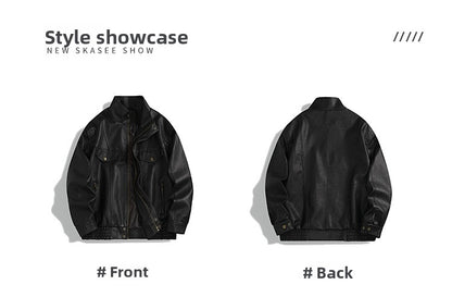 Men's American Retro Leather Jacket - Lychee Grain Stand Collar Motorcycle Coat