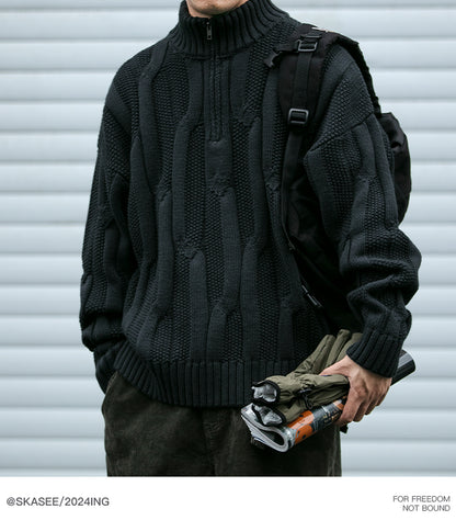 Men's Winter Heavyweight Cable Knit Sweater - American Retro Half-Zip Stand Collar