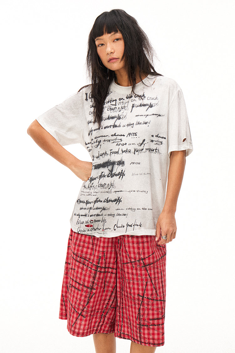 Handwritten Print Soft Skin-friendly Distressed Loose Short Sleeve T-shirt