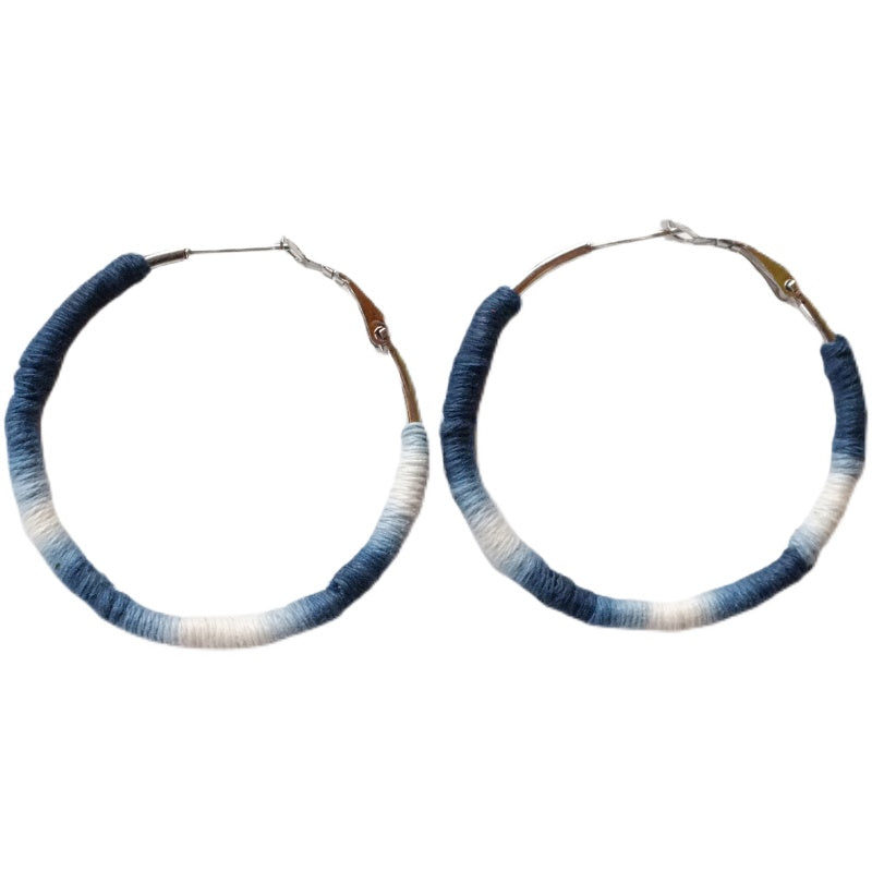 Original Earrings Handmade Blue Dye Plant-Dyed Cotton Thread Niche Geometric Circle High-End Earrings