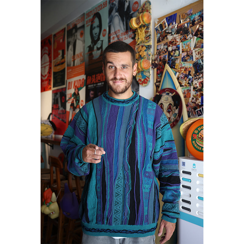 Medria Limited Edition Couple Sweater - 2022 Retro Blue-Green Bitter Melon Stripe Pullover