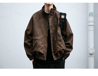 Letter Embroidery Stand-Collar Moto Jacket – American Retro Oversized Unisex