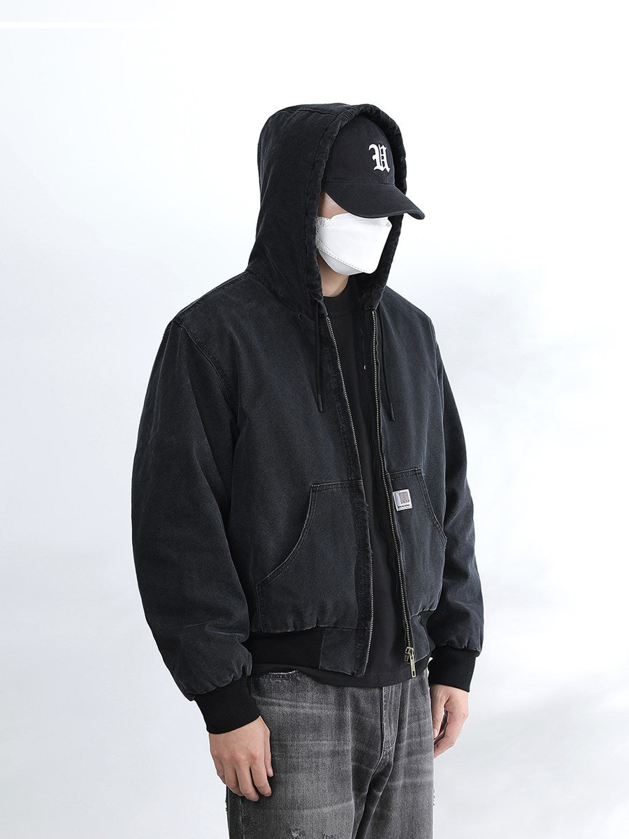 Vintage Wash Distressed Cargo Hoodie Jacket – Thermal Insulated Men's Coat