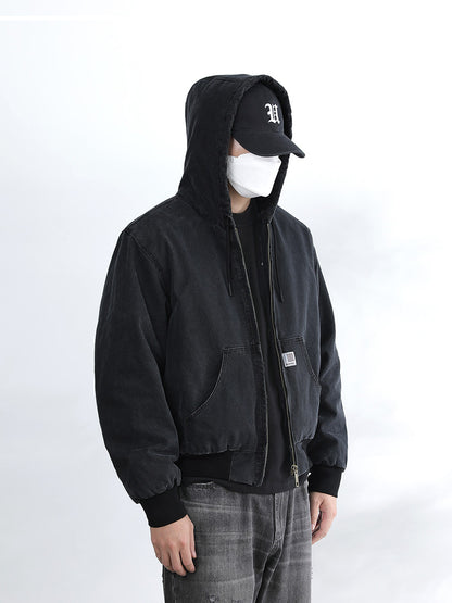 Vintage Wash Distressed Cargo Hoodie Jacket – Thermal Insulated Men's Coat