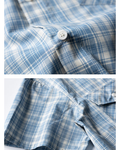 Retro Plaid Double Pocket Cotton Short Sleeve Shirt – Loose Unisex Workwear Casual