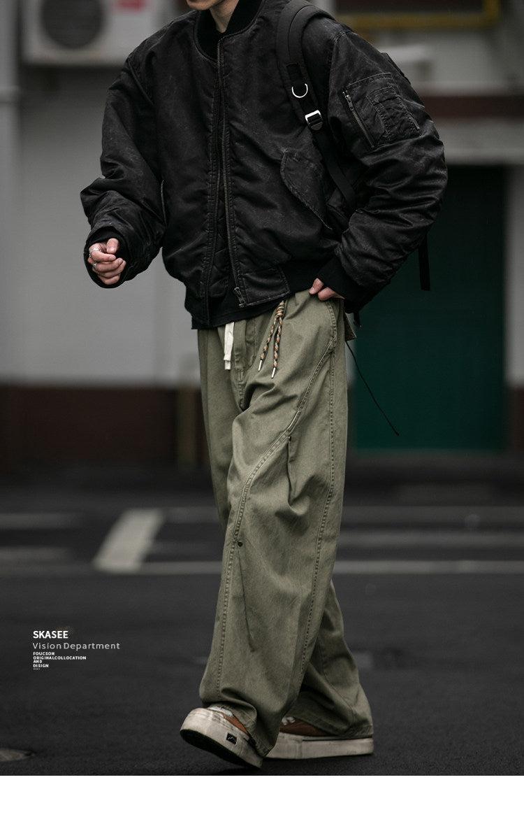 American Vintage Heavyweight Double Pleated Cargo Pants – Wide Leg Drawstring Workwear Trousers for Men | Japanese vintage | yamalin clothes | Yamalinclothes