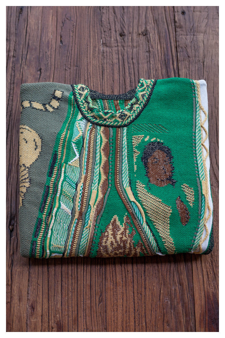 Vintage Green Lion Knit Sweater - Japanese Retro Crew Neck Pullover