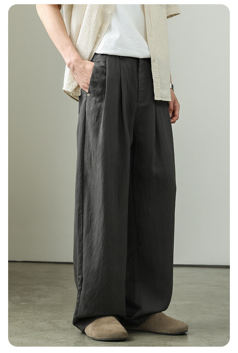 Draped Lyocell Wide Leg Pants – Loose Straight Tencel Linen Summer Ice Silk Slacks for Men – Japanese vintage | yamalin clothes | Yamalinclothes