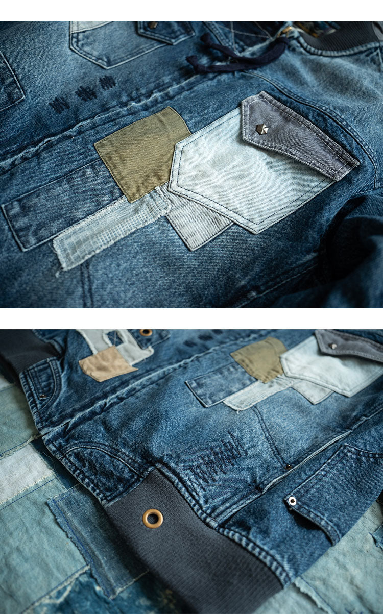 Hand-Embroidered Washed Old Denim Jacket – Patch Detail (Unisex)