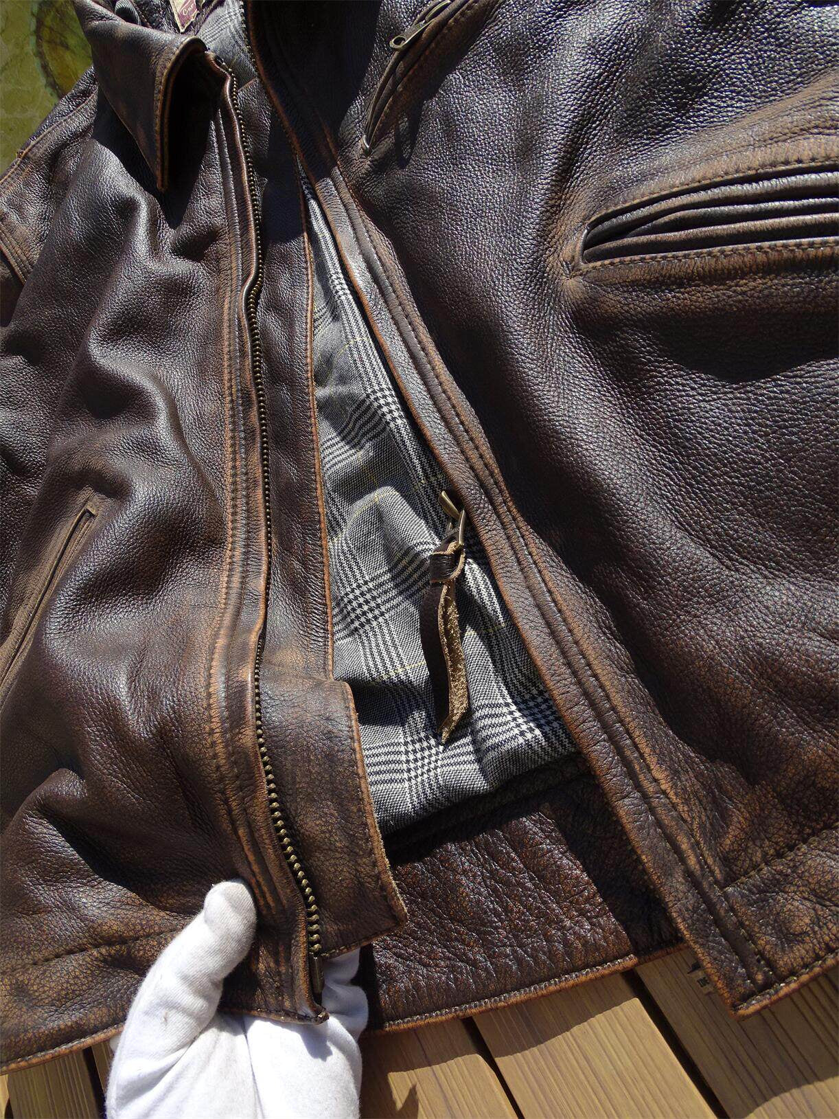 Stone-Washed Distressed Cowhide Leather Jacket – Men's American Retro Cargo Coat