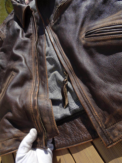 Stone-Washed Distressed Cowhide Leather Jacket – Men's American Retro Cargo Coat