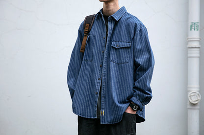 Striped Denim Shirt – Asymmetric Chest Pockets | Yamalinclothes