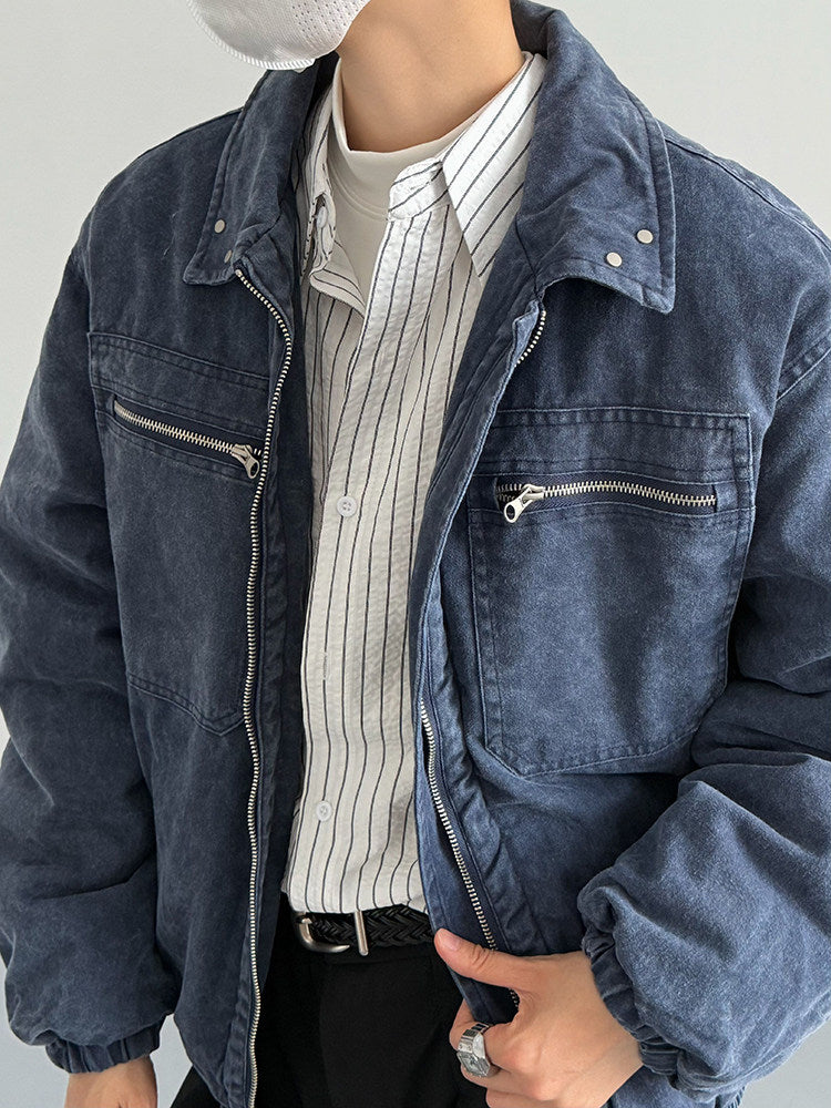 Vintage Distressed Padded Denim Jacket – Oversized Men’s Zipper-Trim Quilted Trucker Coat