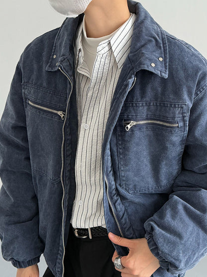 Vintage Distressed Padded Denim Jacket – Oversized Men’s Zipper-Trim Quilted Trucker Coat