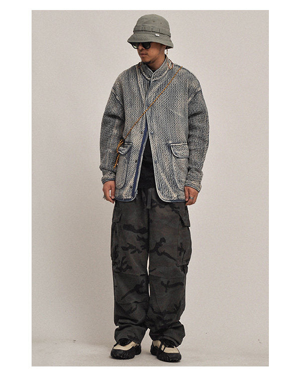 Textured Denim Jacket – Stand Collar & Bound Pockets