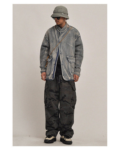 Textured Denim Jacket – Stand Collar & Bound Pockets