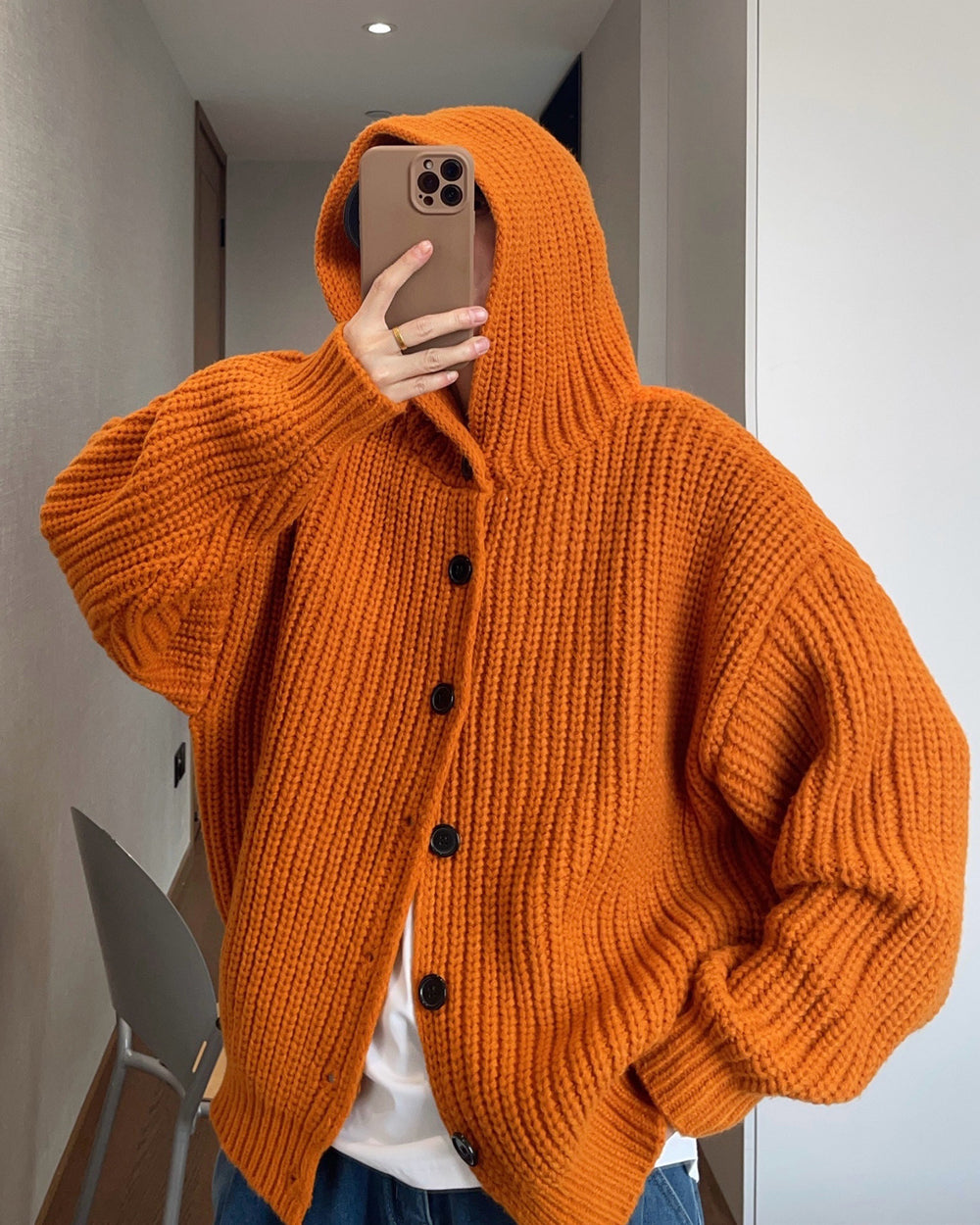 1.5KG Heavyweight Hooded Chunky Knit Button Sweater Coat – Oversized Vintage Winter – Japanese vintage | yamalin clothes | Yamalinclothes