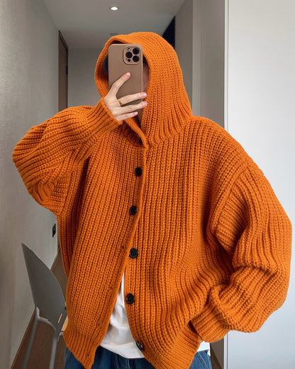 1.5KG Heavyweight Hooded Chunky Knit Button Sweater Coat – Oversized Vintage Winter – Japanese vintage | yamalin clothes | Yamalinclothes