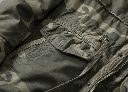 Heavy Distressed Hooded Camouflage Cargo Jacket – Oversized Cotton Outdoor Coat