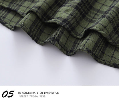 Vintage Sanded Green Plaid Long Sleeve Shirt – Loose Unisex Casual