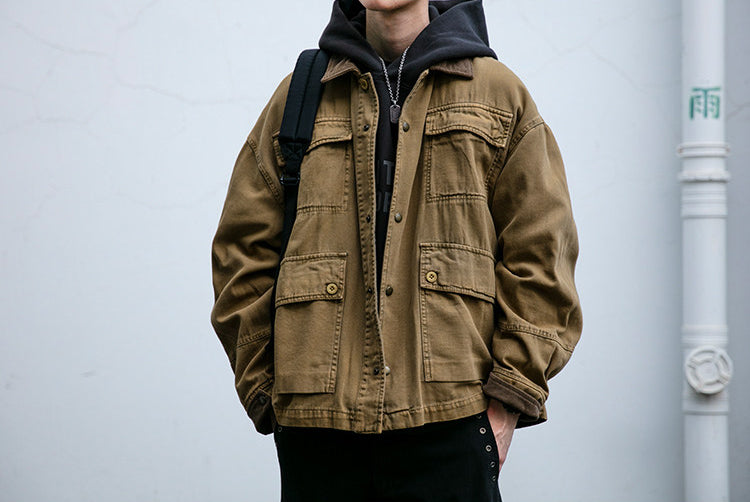 Cotton Cargo Jacket – Corduroy Collar & Four Pockets | Yamalin clothes | Vintage workwear outfit for men
