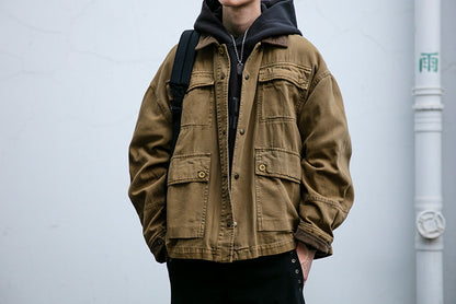 Cotton Cargo Jacket – Corduroy Collar & Four Pockets | Yamalin clothes | Vintage workwear outfit for men