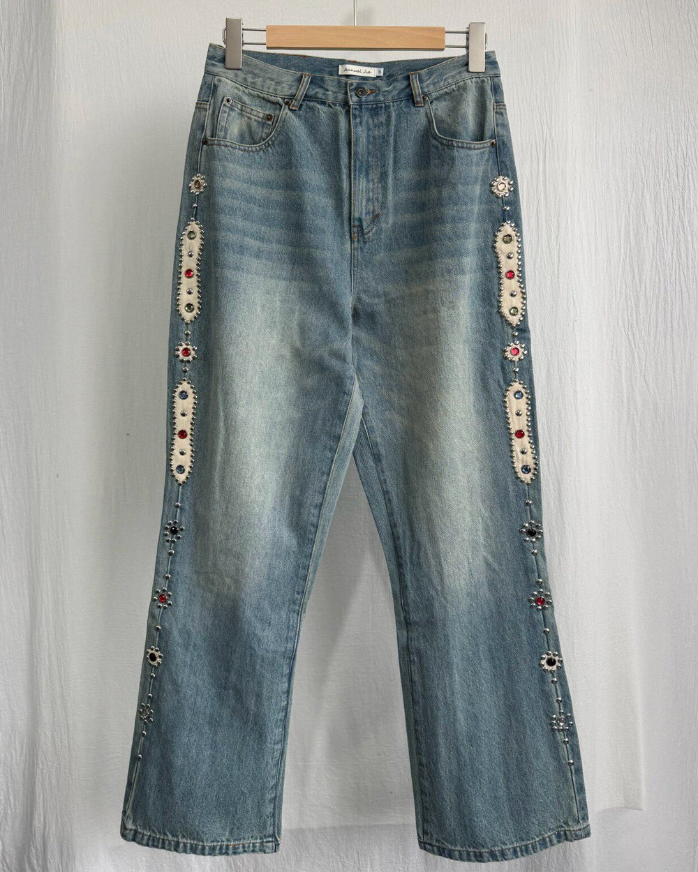 Washed Heavy Duty Jeweled Denim Jeans – Flared & Straight Leg 100% Cotton Streetwear – Japanese vintage | yamalin clothes | Yamalinclothes