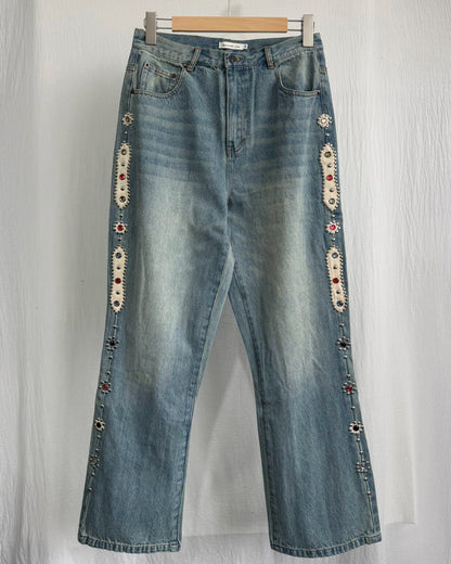 Washed Heavy Duty Jeweled Denim Jeans – Flared & Straight Leg 100% Cotton Streetwear – Japanese vintage | yamalin clothes | Yamalinclothes