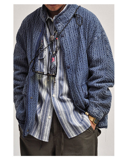 Vintage-Wash Stand-Collar Denim Jacket - Japanese Retro Workwear Coat