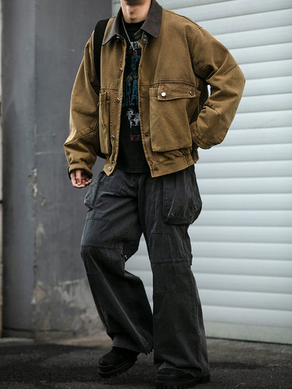 Washed Patchwork Lapel Cargo Jacket – American Retro Oversized Unisex