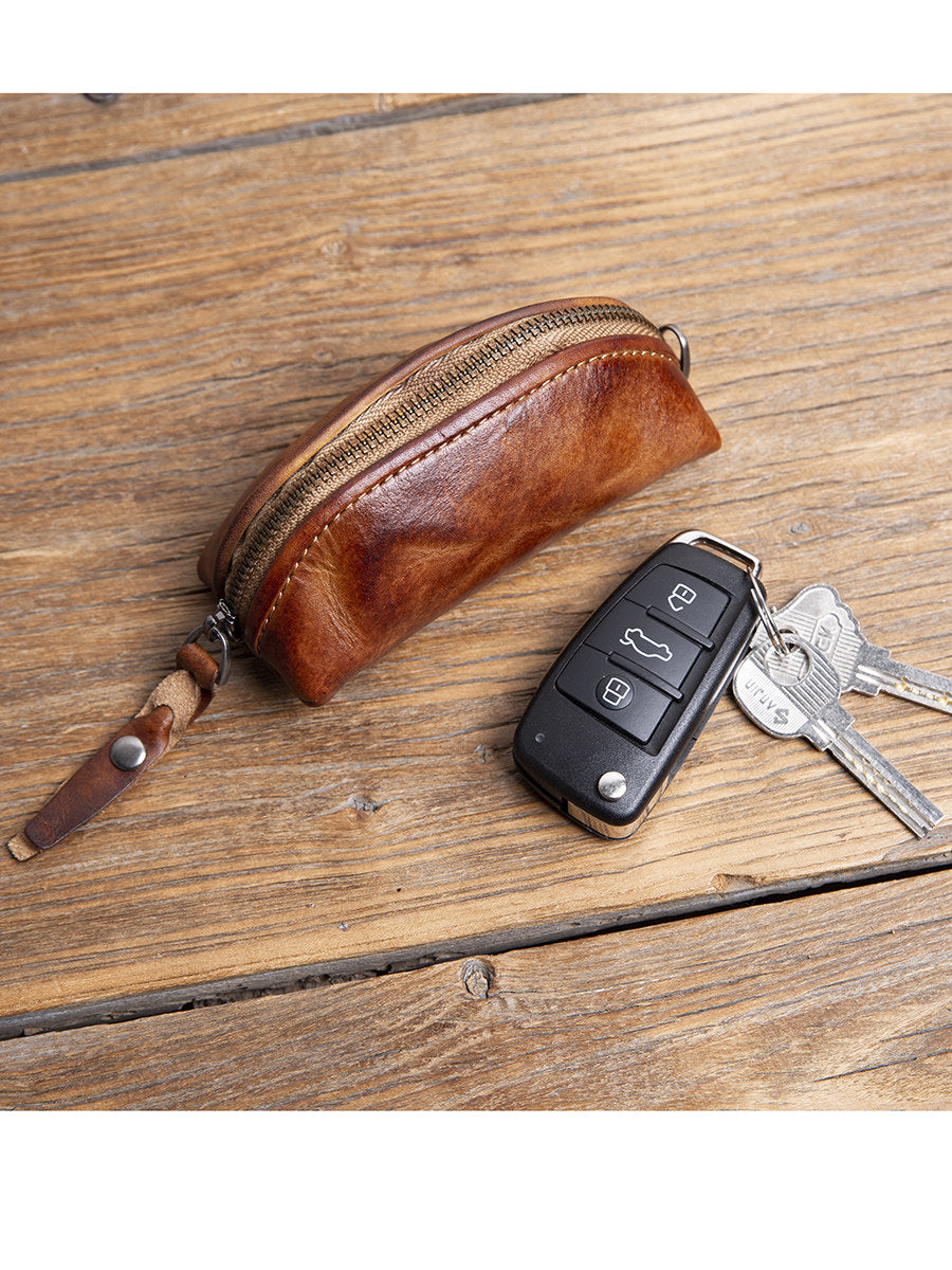 Handmade Top-Grain Cowhide Key Case – Vintage Mini Leather Coin Purse