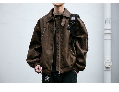 Double-Zip Stand-Collar PU Leather Jacket – Vintage Oversized Unisex