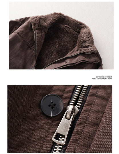 Faux Fur-Lined Jacket – Stand Collar & Gathered Hem | Yamalin clothes | Vintage workwear outfit for men