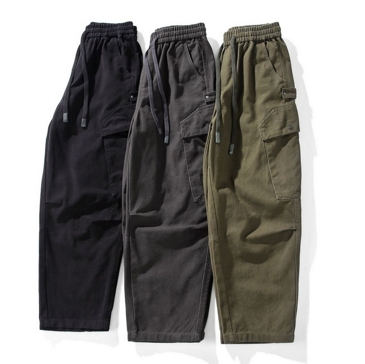 Cotton Cargo Pants – Washed Twill & Drawstring Waist