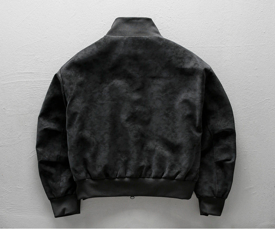 American Vintage Suede PU Leather Stand-Collar Jacket – Oversized Men’s Moto Coat