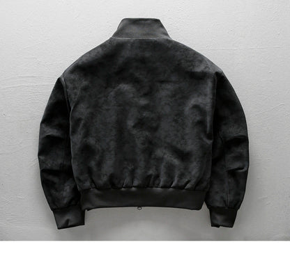 American Vintage Suede PU Leather Stand-Collar Jacket – Oversized Men’s Moto Coat