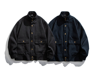 Wool Blend Stand Collar Utility Jacket – American Vintage Minimalist Loose Unisex – Coats Jackets | japanese streetwear | vintage workwear | unisex | Yamalinclothes