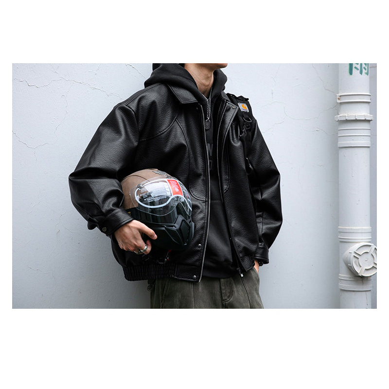 Lychee-Grain PU Leather Lapel Jacket – American Retro Oversized Unisex