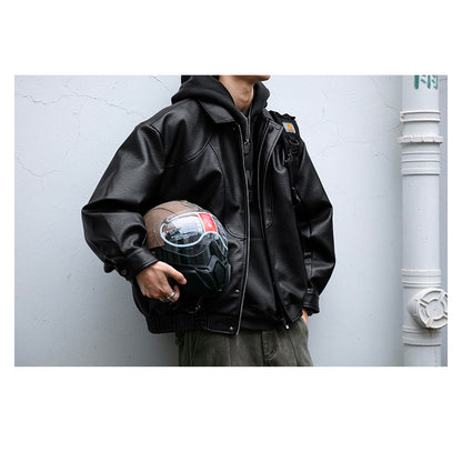 Lychee-Grain PU Leather Lapel Jacket – American Retro Oversized Unisex