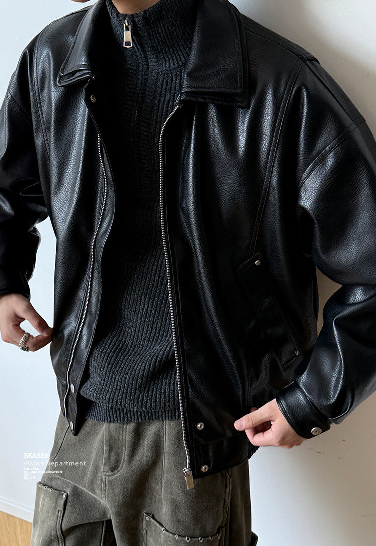 Soft PU Double-Layer Lapel Leather Jacket – American Retro Oversized Unisex – Japanese vintage | fall outfits 2026 | fall winter outfits | classy winter outfits | lazy comfy outfits | japanese streetwear | vintage workwear | yamalin clothes | Yamalinclothes