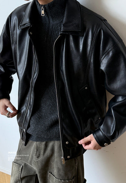 Soft PU Double-Layer Lapel Leather Jacket – American Retro Oversized Unisex – Japanese vintage | fall outfits 2026 | fall winter outfits | classy winter outfits | lazy comfy outfits | japanese streetwear | vintage workwear | yamalin clothes | Yamalinclothes