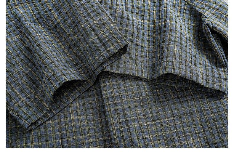 Retro Seersucker Plaid Shirt – Loose Fit Japanese Summer Short Sleeve for Men – Japanese vintage | yamalin clothes | Yamalinclothes