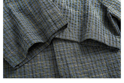 Retro Seersucker Plaid Shirt – Loose Fit Japanese Summer Short Sleeve for Men – Japanese vintage | yamalin clothes | Yamalinclothes