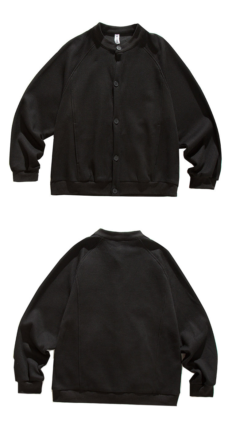 Heavyweight Japanese Waffle Henley Cardigan – Loose Raglan Sleeve Unisex Sweatshirt