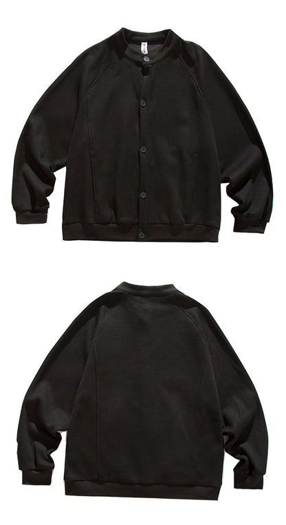 Heavyweight Japanese Waffle Henley Cardigan – Loose Raglan Sleeve Unisex Sweatshirt